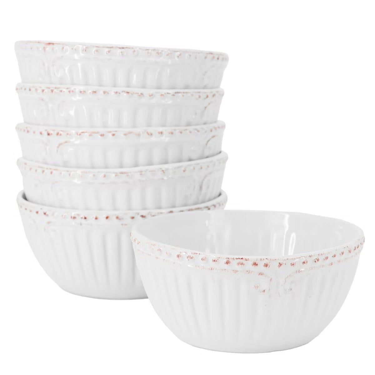 Modern Southern Home Capri 6 Piece 6" White Stoneware Embossed Cereal Bowl Set