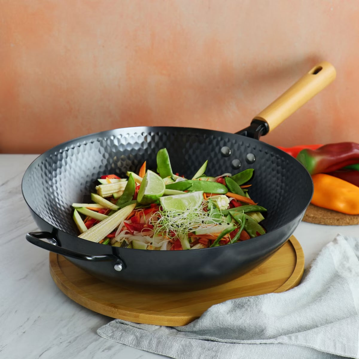 Oster Bressler 13.5” Nonstick Carbon Steel Wok w Wooden Handle