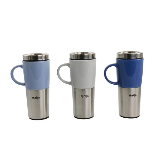 Mr. Coffee Travertine 16 oz Stoneware Stainless Steel Travel Mug Set of 3 w Lid