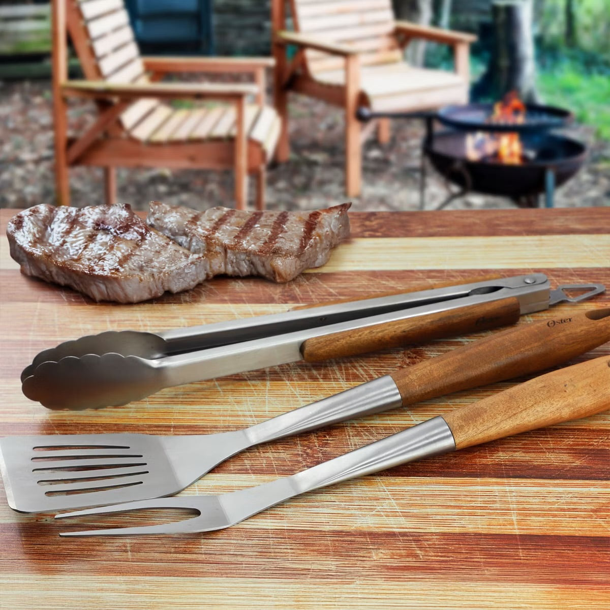 Oster Balincourt 3 Piece Stainless Steel & Wood BBQ Tool Set in Brown
