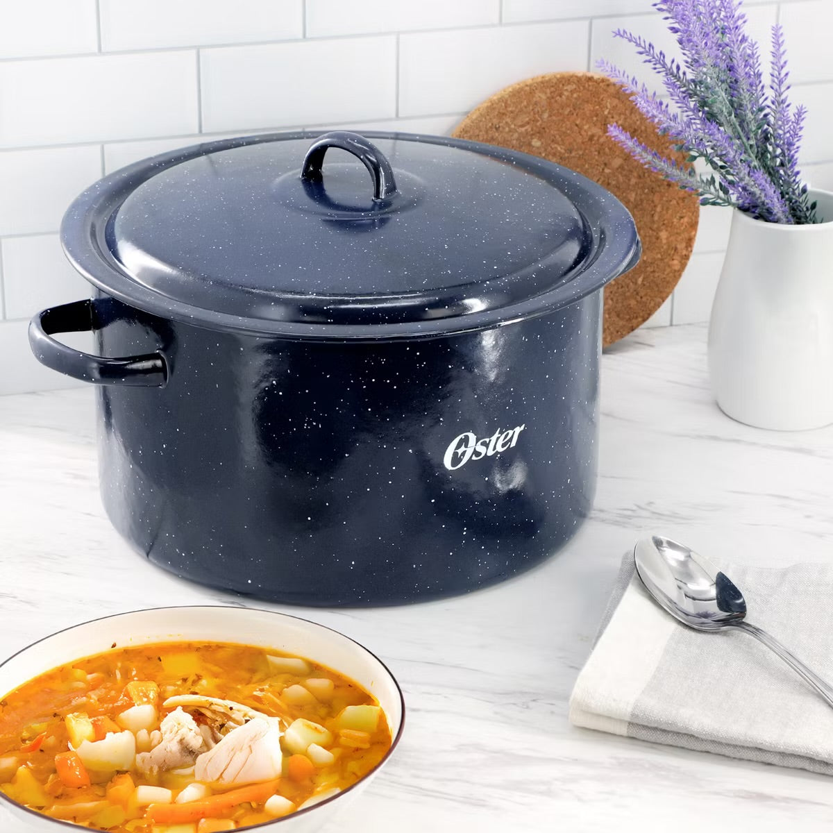 Oster Castillo 11 Quart Enamel on Steel Blue 12” Stock Pot w Lid