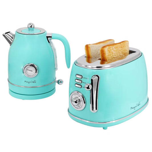 MegaChef 1.7 Liter Electric Tea Kettle & 2 Slice Toaster Combo in Turquoise
