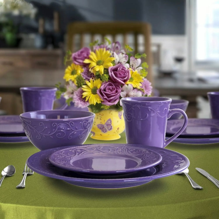 Elama Lilac Fields 16 Piece Lavender Round Stoneware Dinnerware Dish Set for 4