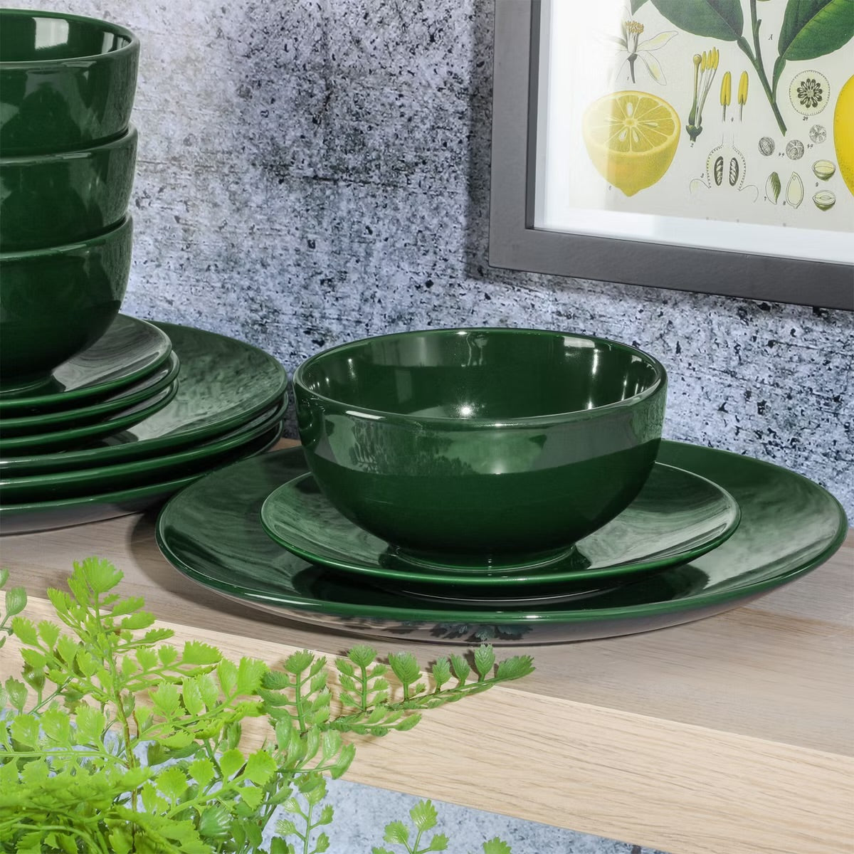 Simply Essential Coupe 12 Piece Round Stoneware Dinnerware Set Hunter Green