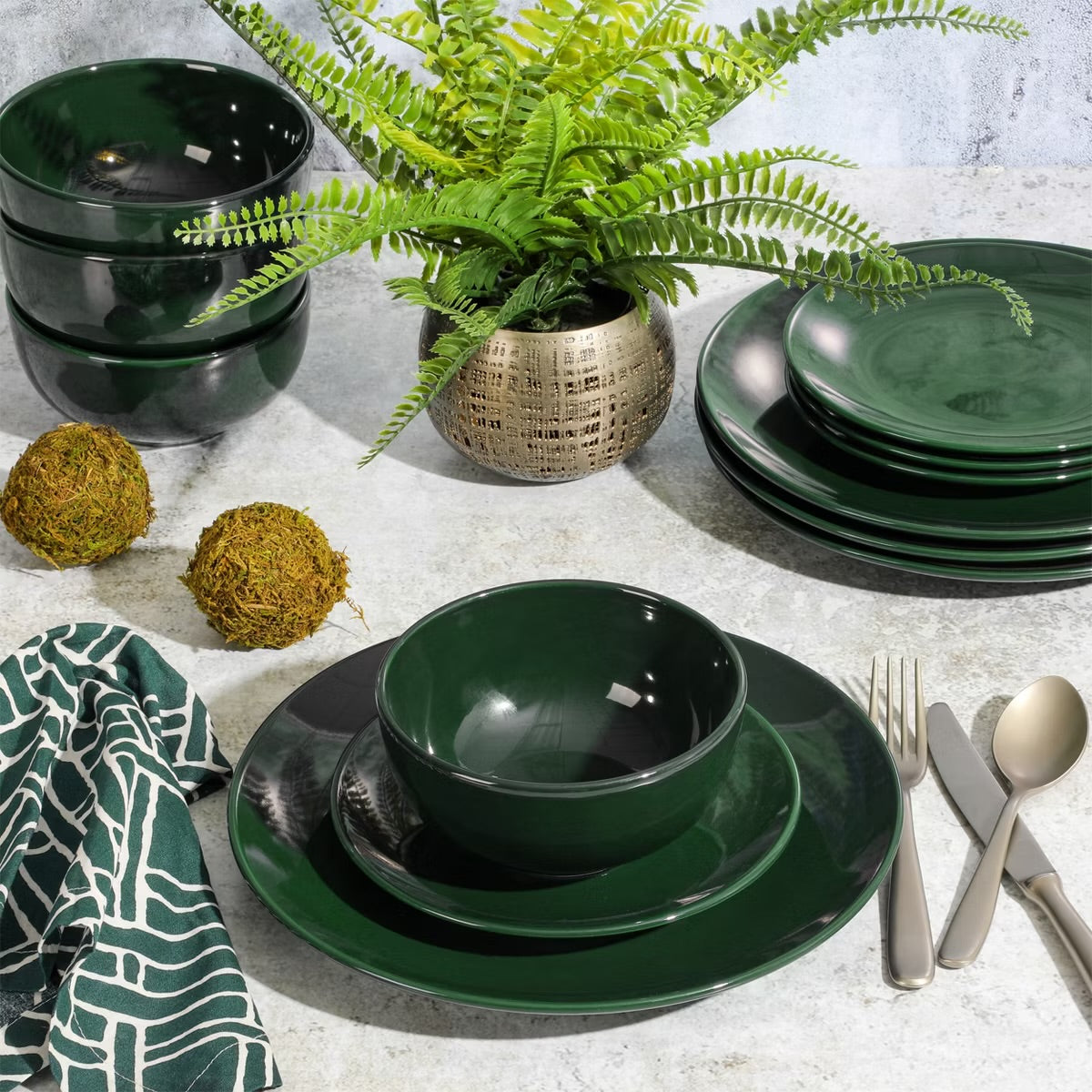 Simply Essential Coupe 12 Piece Round Stoneware Dinnerware Set Hunter Green