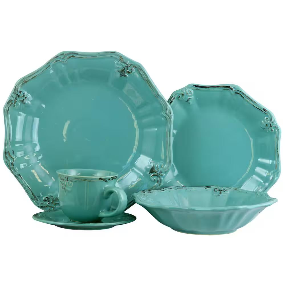 Elama Fleur De Lys 20 Piece Turquoise Stoneware Dinnerware Set for 4