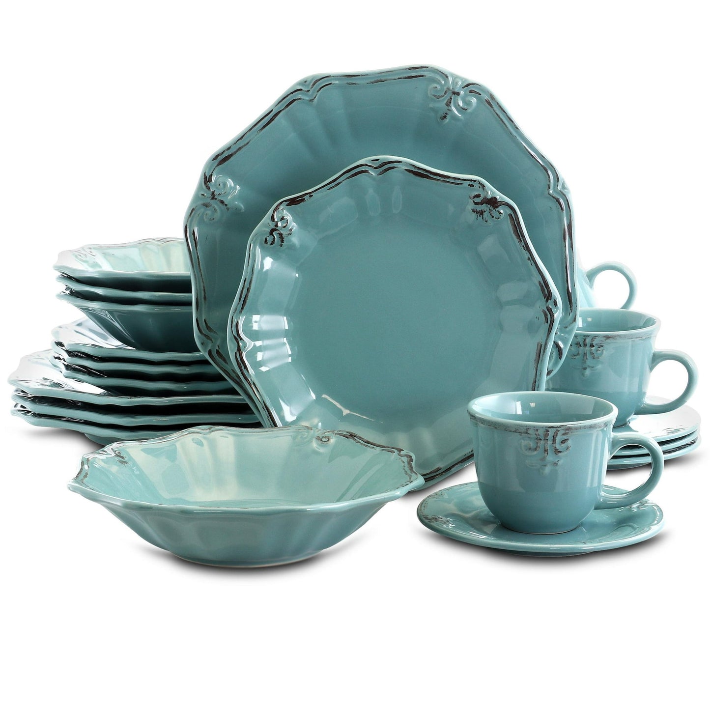 Elama Fleur De Lys 20 Piece Turquoise Stoneware Dinnerware Set for 4