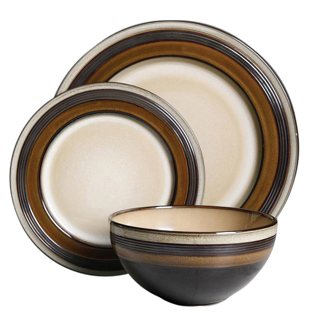 Gibson Everston 12 Piece Round Brown Stoneware Dinnerware Dish Set