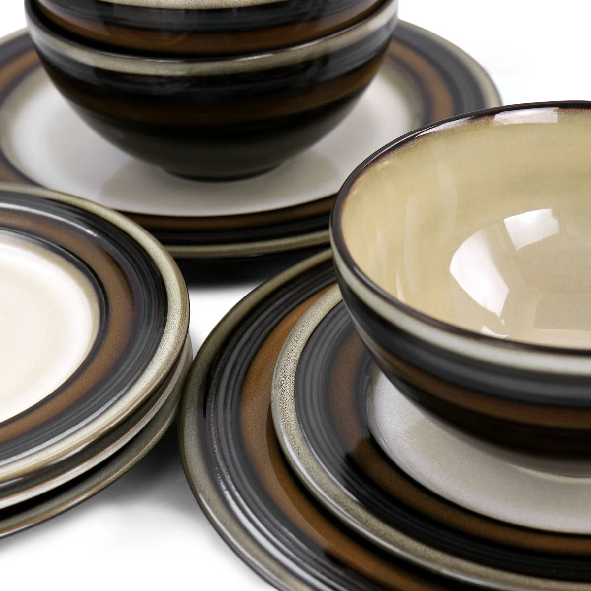 Gibson Everston 12 Piece Round Brown Stoneware Dinnerware Dish Set