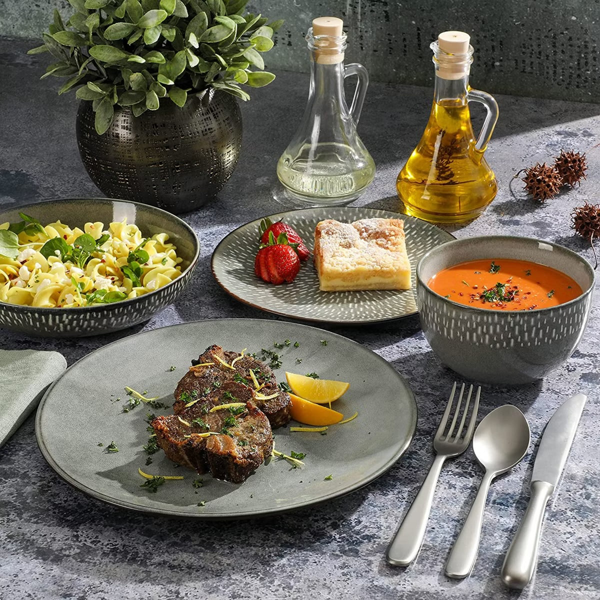 Gibson Elite Matisse 16 Piece Stoneware Dinnerware Set in Grey w Reactive Glaze