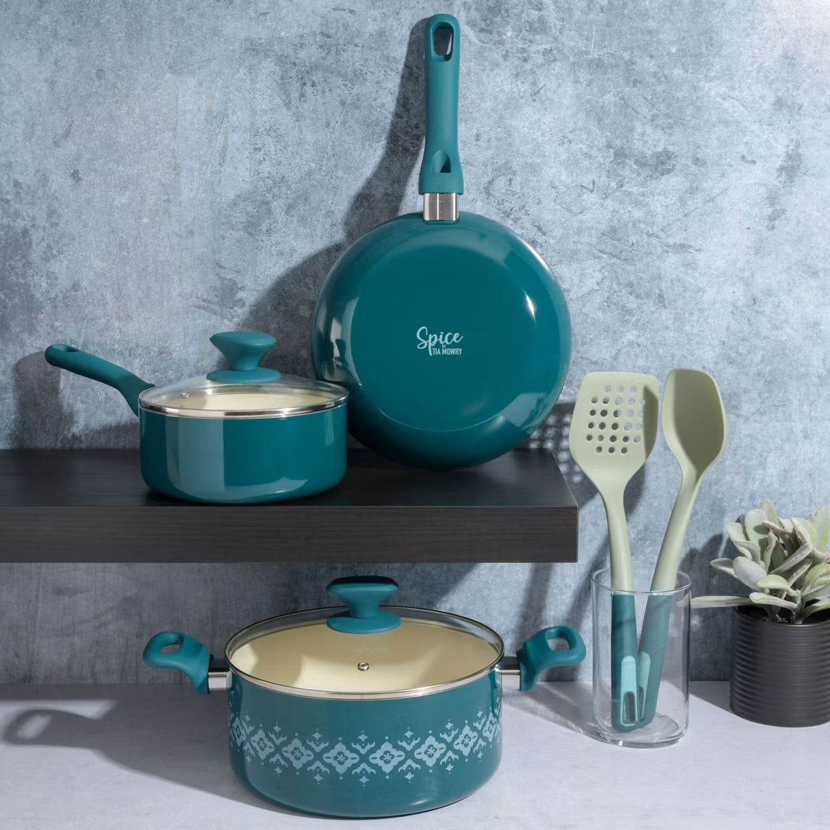 Spice By Tia Mowry 10 Piece Ceramic Nonstick Aluminum Cookware Set in Teal