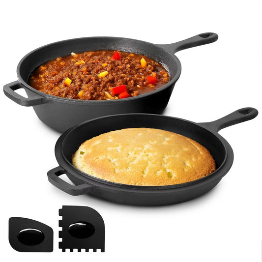MegaChef 10.5" 2-in-1 Pre-Seasoned Cast Iron Skillet & Fry Pan Set