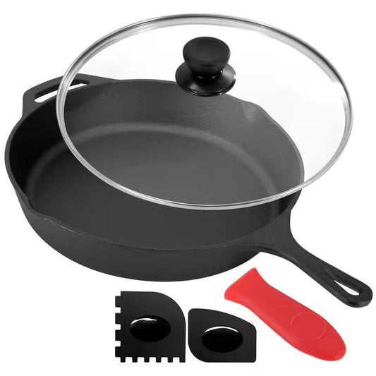 MegaChef 12" Pre-Seasoned Cast Iron Skillet w Tempered Glass Lid