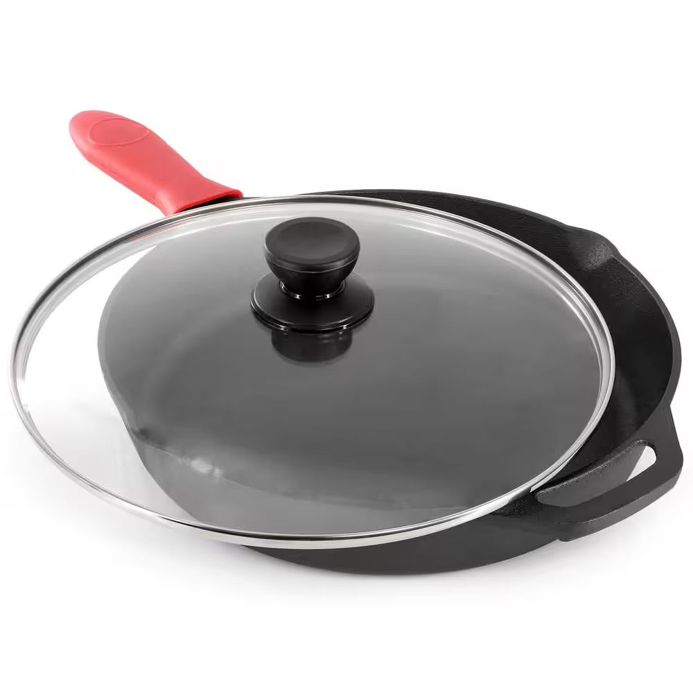 MegaChef 12" Pre-Seasoned Cast Iron Skillet w Tempered Glass Lid