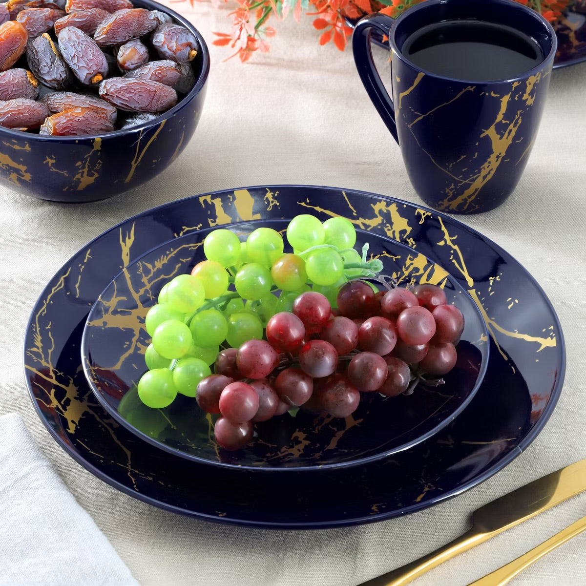 Elama Fine Marble 16 Piece Porcelain Dinnerware Set Dark Blue w Gold Veining
