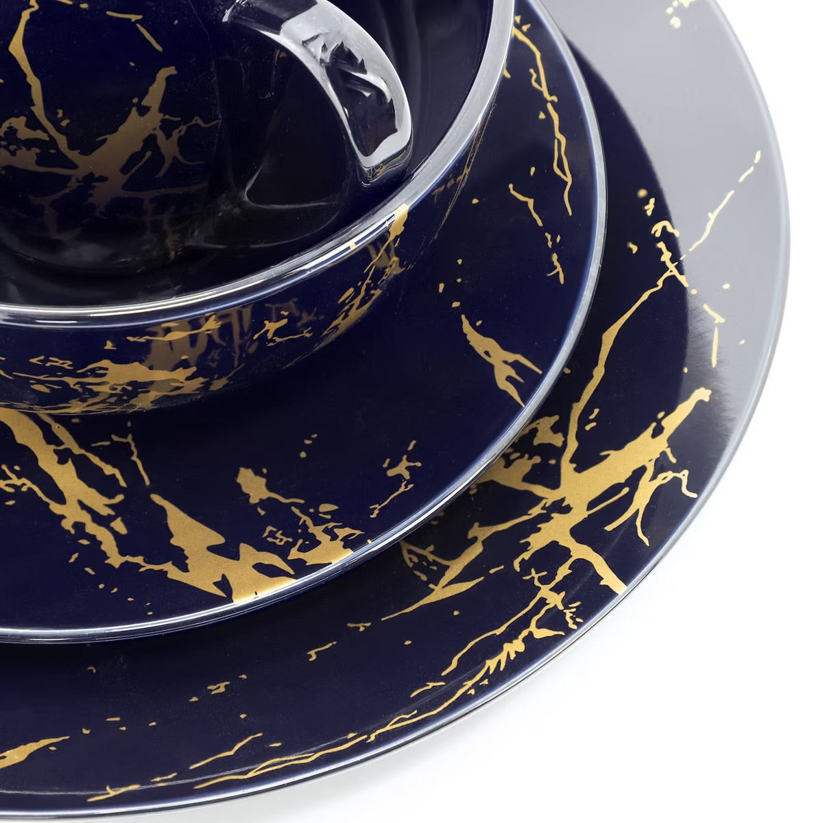 Elama Fine Marble 16 Piece Porcelain Dinnerware Set Dark Blue w Gold Veining