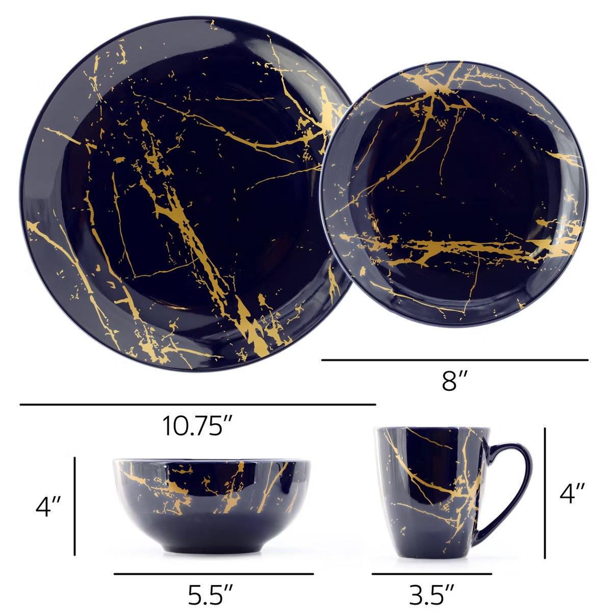 Elama Fine Marble 16 Piece Porcelain Dinnerware Set Dark Blue w Gold Veining