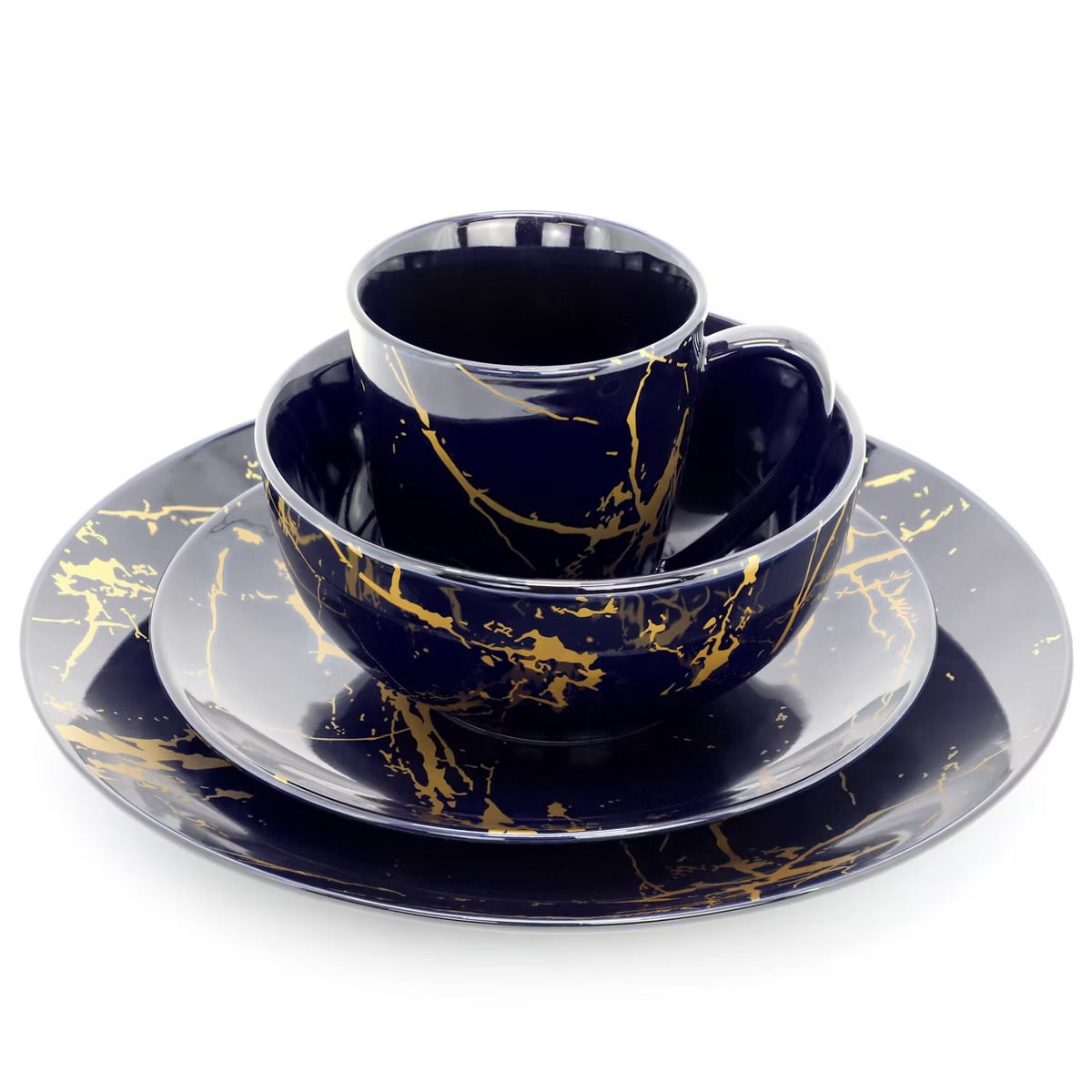 Elama Fine Marble 16 Piece Porcelain Dinnerware Set Dark Blue w Gold Veining