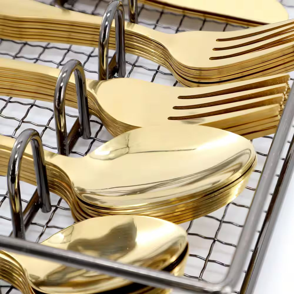 Gibson Home Abbeville 41 Piece Stainless Steel Flatware Set in Gold w Wire Caddy