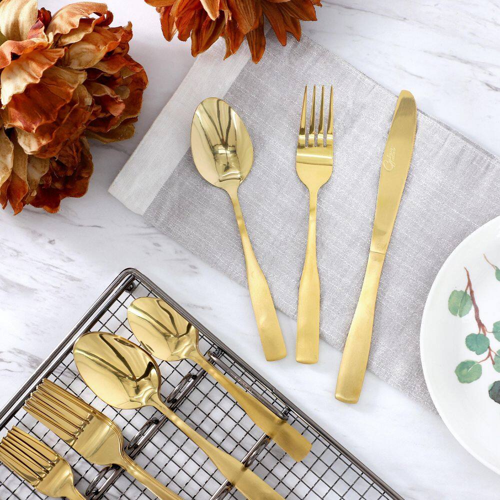 Gibson Home Abbeville 41 Piece Stainless Steel Flatware Set in Gold w Wire Caddy
