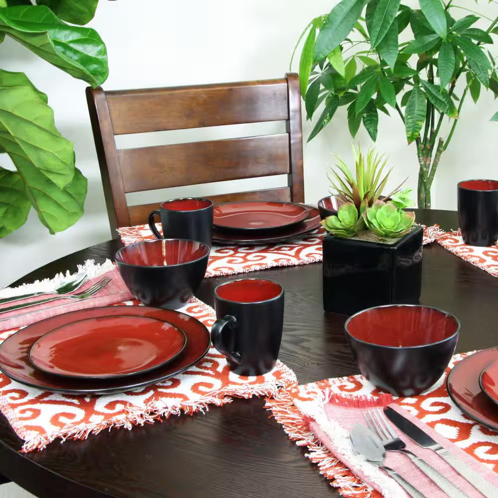 Gibson Soho Lounge Round 16-Piece Glazed Red Stoneware Dinnerware Set Burgundy