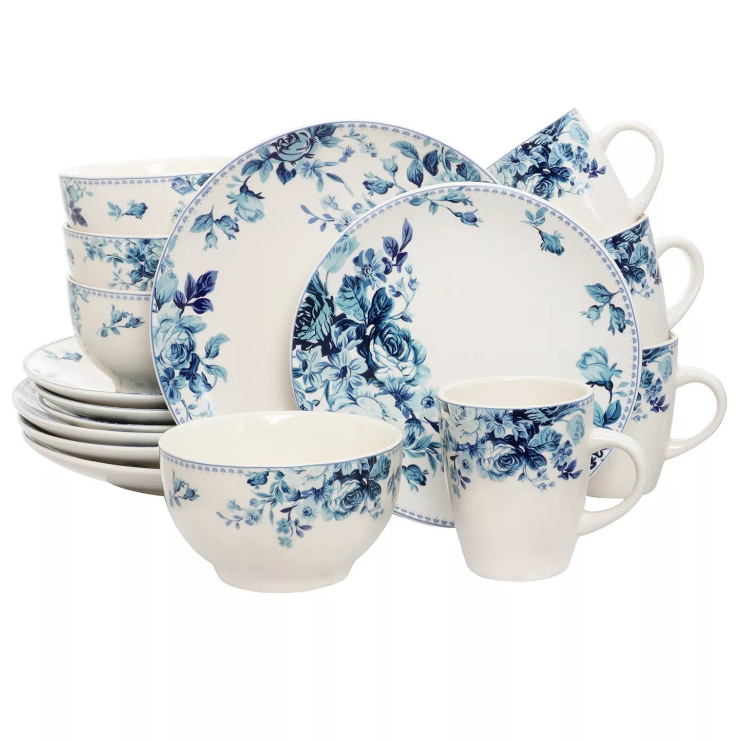 Elama Traditional Blue Rose 16 Piece Round White Floral Stoneware Dinnerware Set
