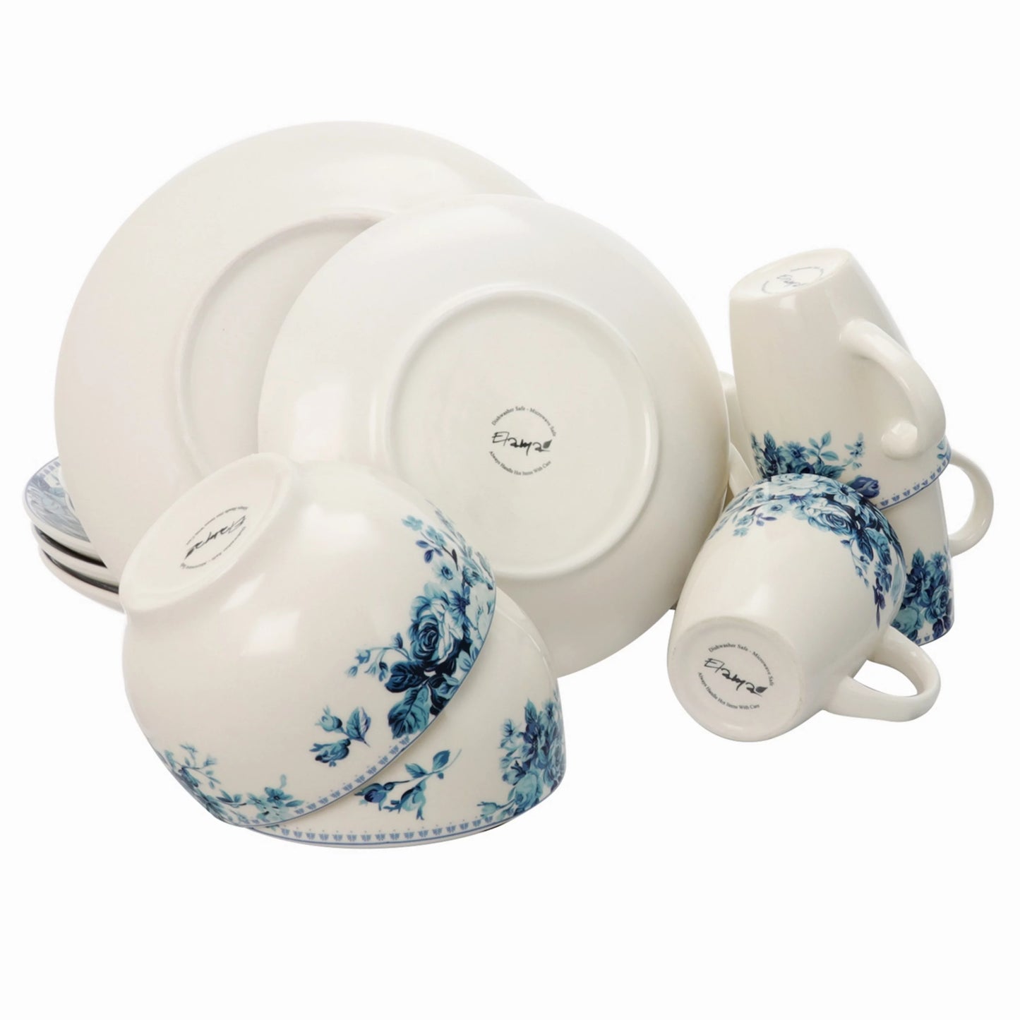 Elama Traditional Blue Rose 16 Piece Round White Floral Stoneware Dinnerware Set