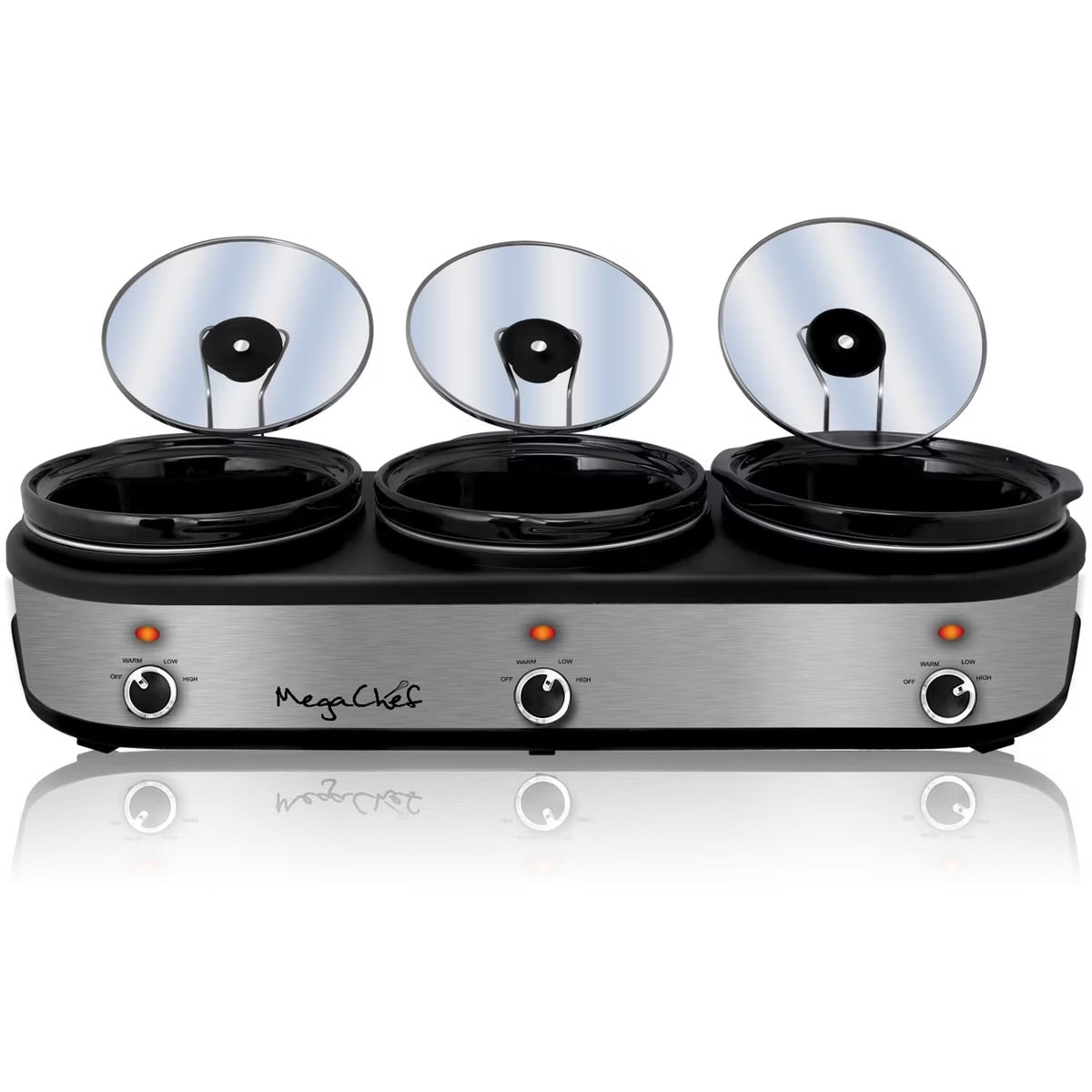 MegaChef 1000W Triple 2.5 Qt Slow Cooker Buffet Server w Ceramic Pots Lid Rests