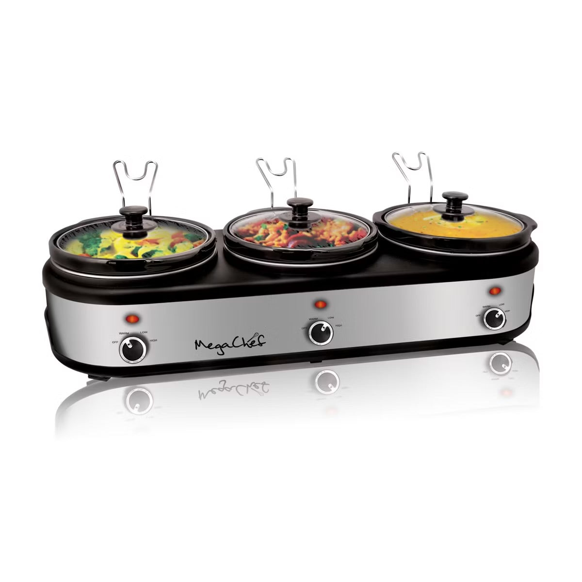 MegaChef 1000W Triple 2.5 Qt Slow Cooker Buffet Server w Ceramic Pots Lid Rests