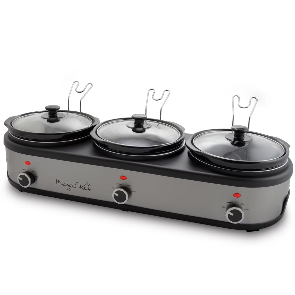 MegaChef 1000W Triple 2.5 Qt Slow Cooker Buffet Server w Ceramic Pots Lid Rests