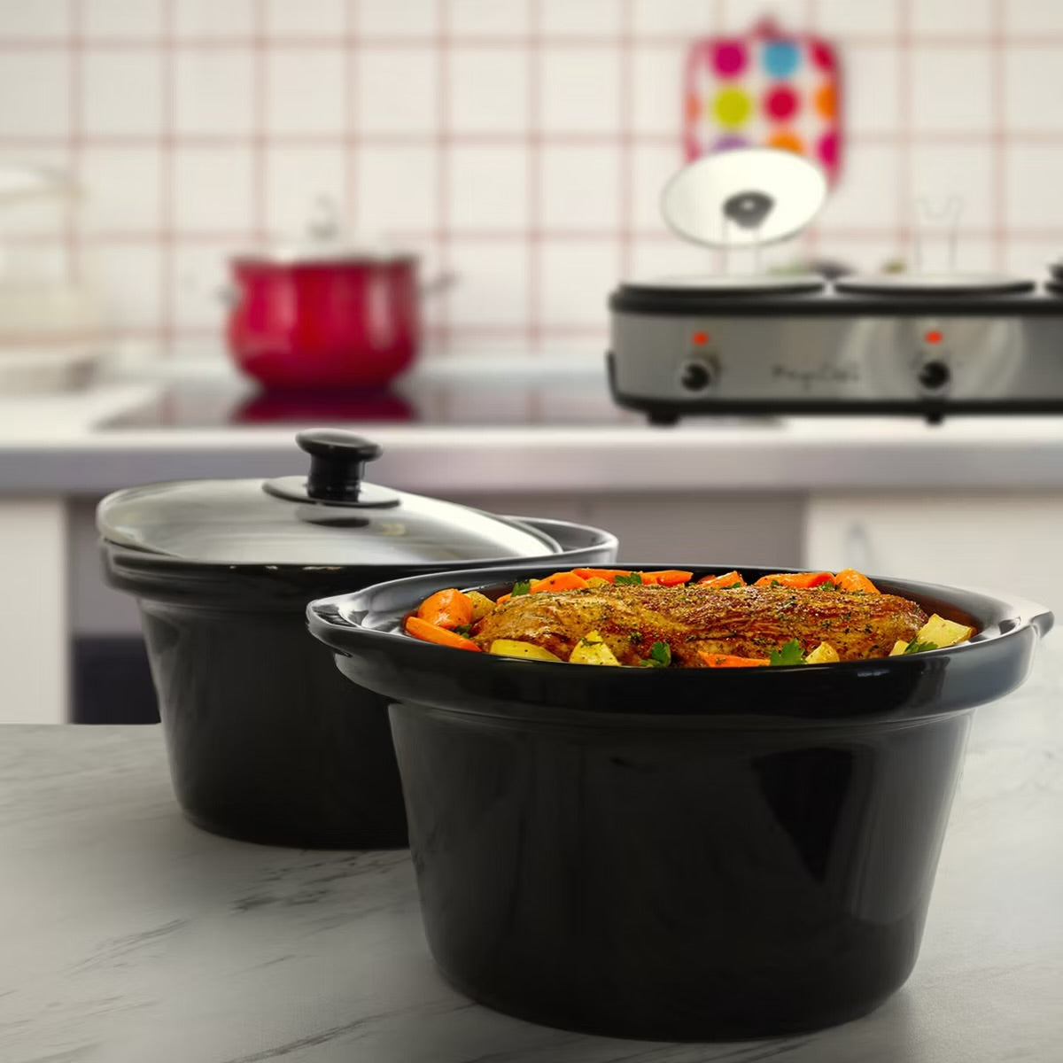 MegaChef 1000W Triple 2.5 Qt Slow Cooker Buffet Server w Ceramic Pots Lid Rests