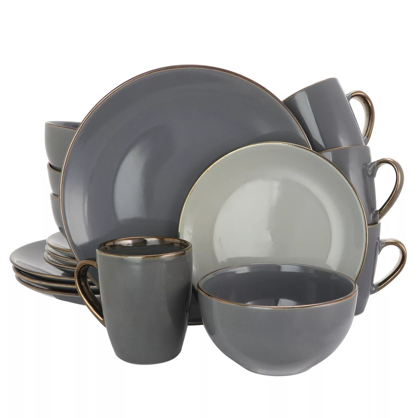 Elama Tahitian Grand 16 Piece Stoneware Dinnerware Set for 4 in Gray High Gloss