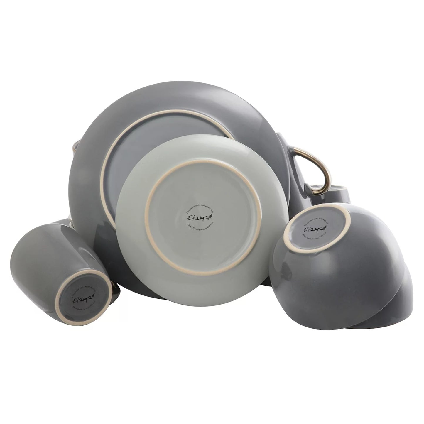 Elama Tahitian Grand 16 Piece Stoneware Dinnerware Set for 4 in Gray High Gloss