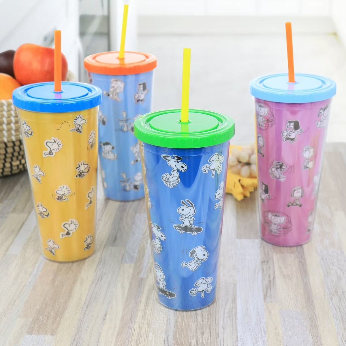 Gibson Peanuts 70th Anniversary 4 Piece 23.6 oz Tumbler Cup Set w Lid & Straw
