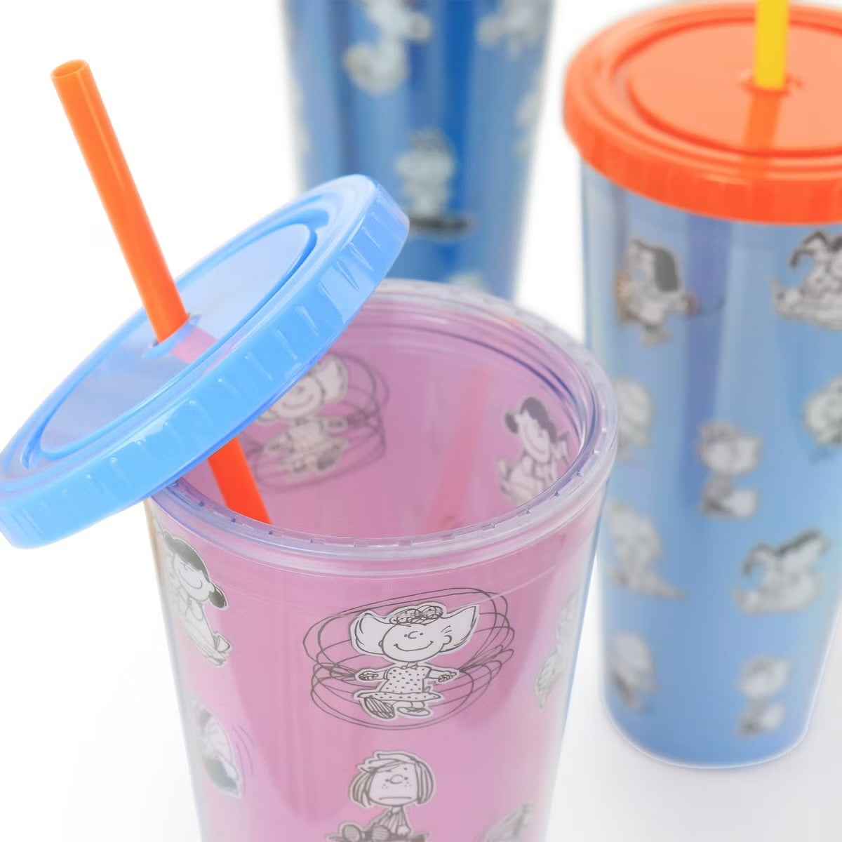 Gibson Peanuts 70th Anniversary 4 Piece 23.6 oz Tumbler Cup Set w Lid & Straw
