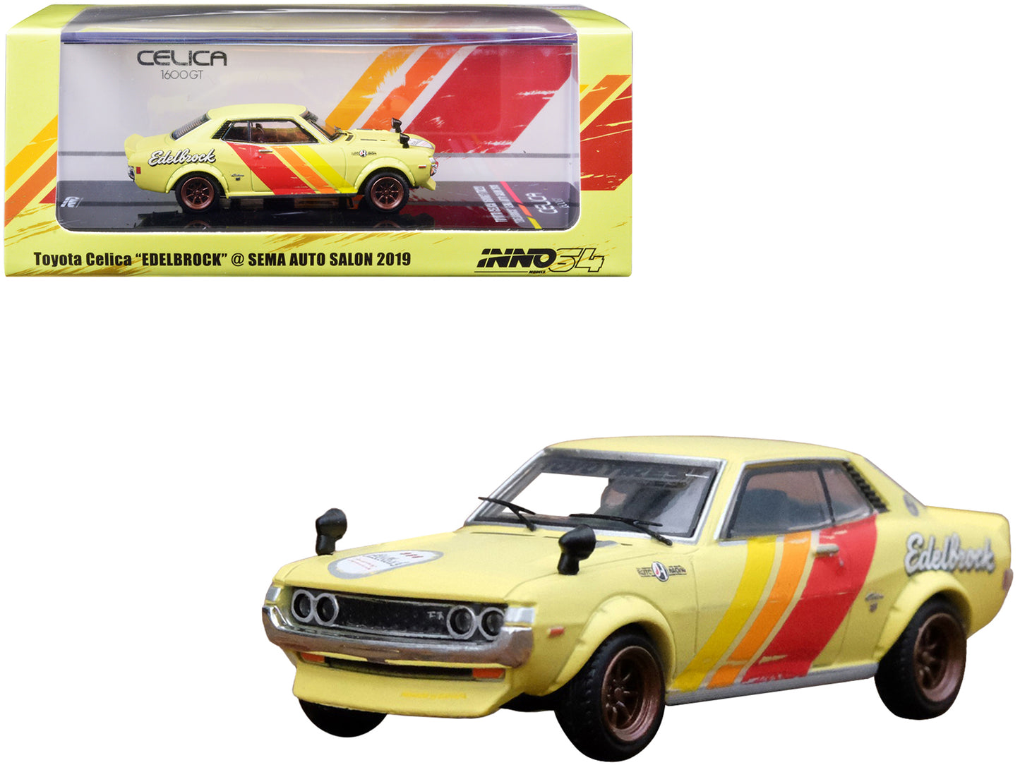 Toyota Celica 1600GT TA22 Yellow w Stripes Weathered Edelbrock SEMA Auto Salon