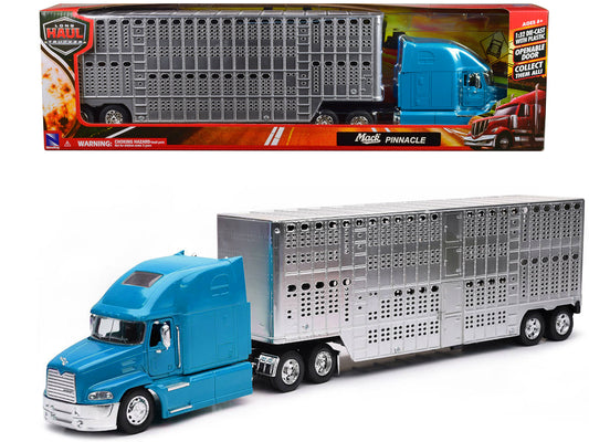 Mack Pinnacle Truck w Pot Belly Livestock Trailer Blue Chrome Long Haul Trucker