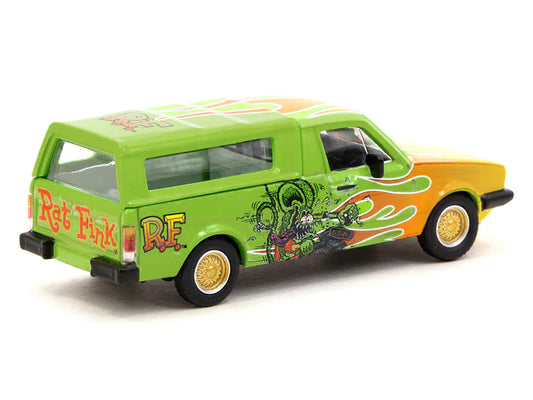 Volkswagen Caddy Pickup Truck w Camper Shell Green w Flames Graphics Rat Fink C