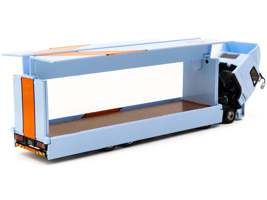 Mitsubishi Fuso Truck w Transporter Light Blue w Orange Stripes Gulf Oil Truck64