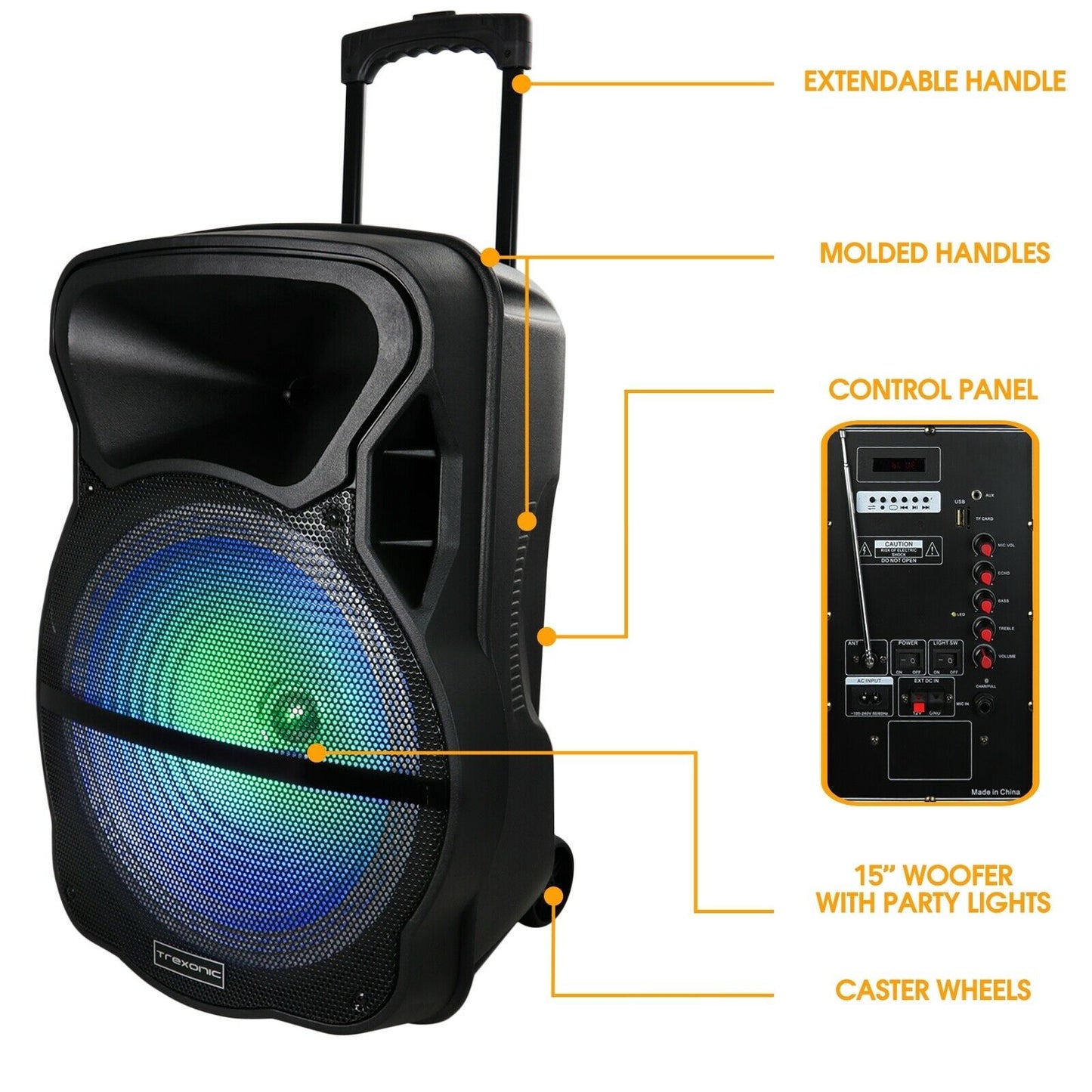 Trexonic 15" Portable Rechargeable Bluetooth PA DJ Party Speaker w Tripod Stand