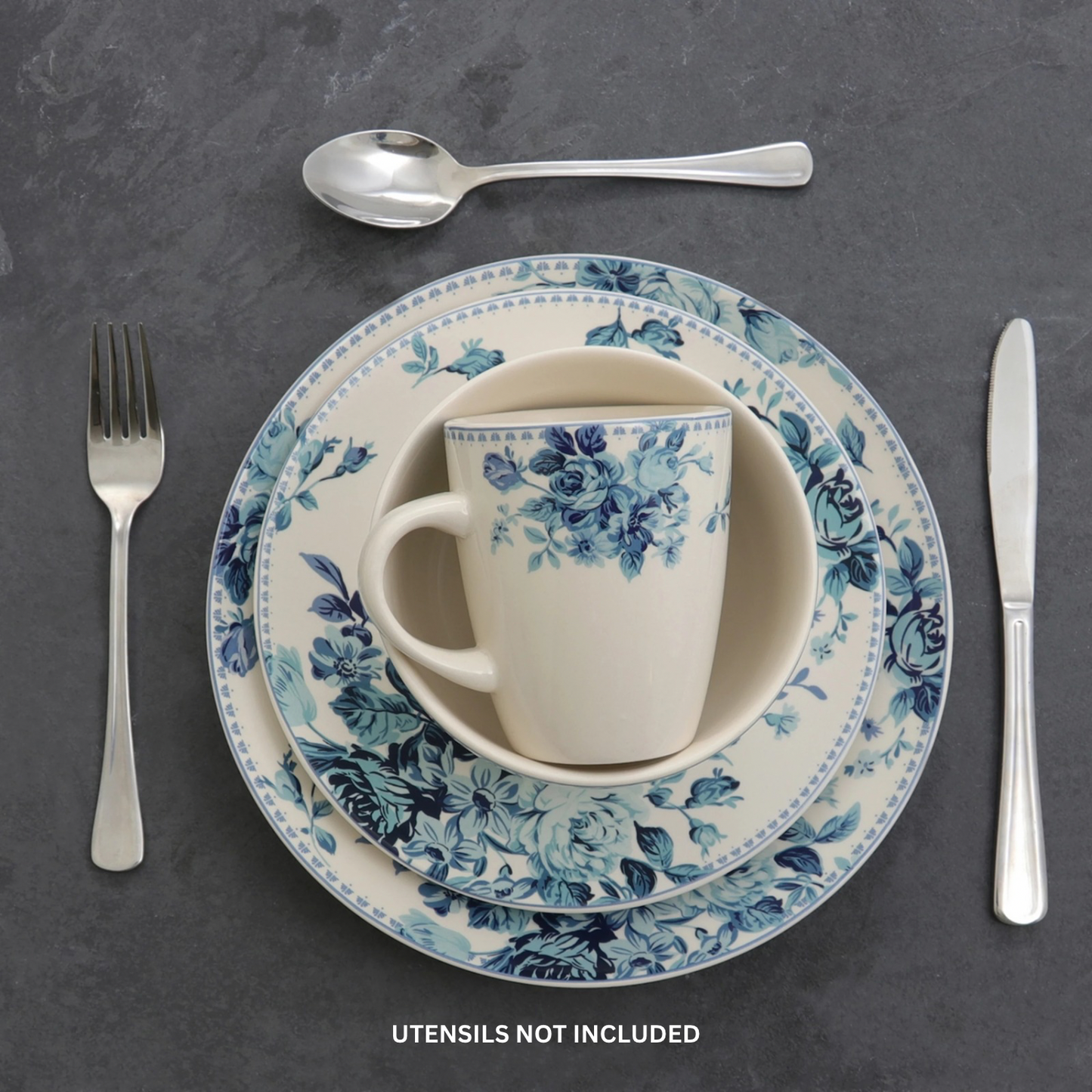 Elama Traditional Blue Rose 16 Piece Round White Floral Stoneware Dinnerware Set