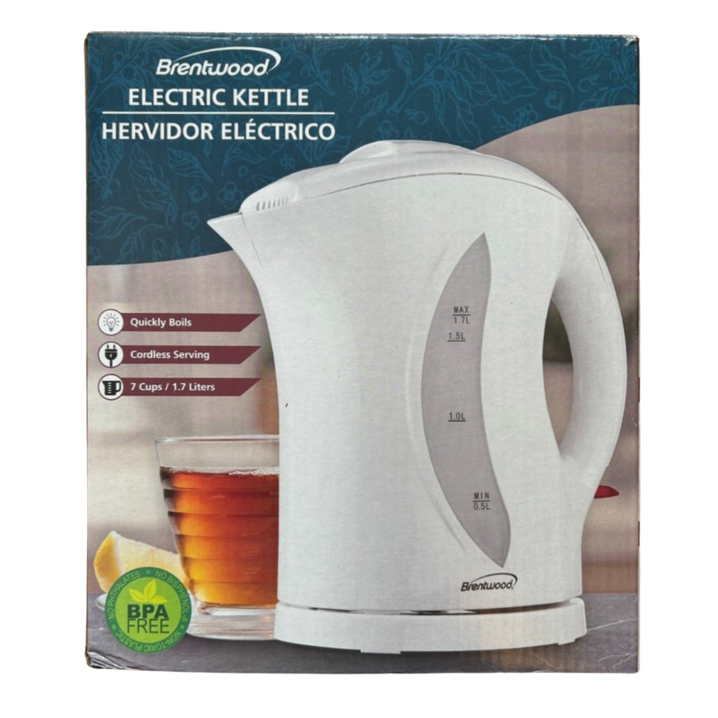 Brentwood 1.7 Liter Cordless BPA-Free Plastic White Tea Kettle w Filter
