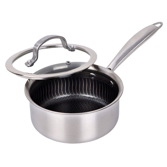 Brentwood 1.5 Quart 3-Ply Hybrid Non-Stick Stainless Steel Saucepan w Tempered G