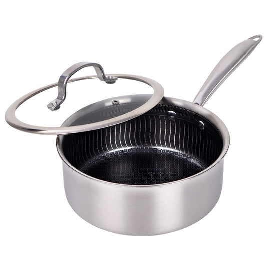 Brentwood 3 Quart 3-Ply Hybrid Non-Stick Stainless Steel Saucepan w Tempered Gla