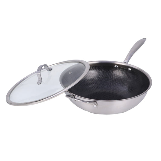 Brentwood 12-inch 4.2 Quarts Hybrid Non-Stick Stainless Steel Wok w Glass Lid