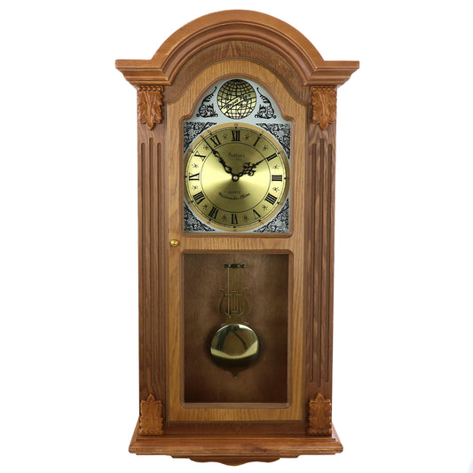 Bedford 29” Honey Oak Wood Wall Clock w Chimes Swinging Pendulum & Gold Accent