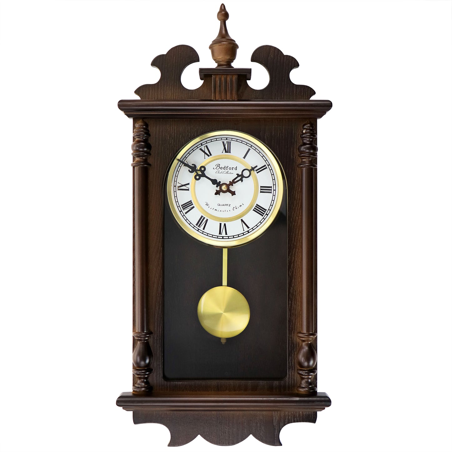 Bedford LEO 21" Chestnut Brown Wood Swinging Pendulum Wall Clock w Hourly Chimes