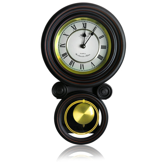 Bedford 16.5" Contemporary Round Wall Clock Black Finish with Pendulum & Chimes