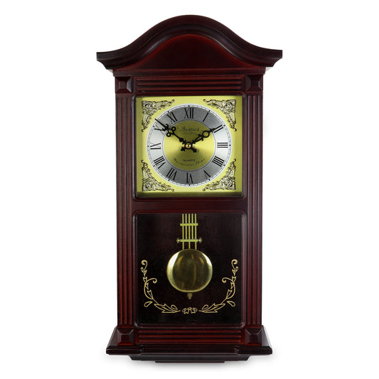Bedford 22" Wall Clock Mahogany Cherry Oak Wood w Pendulum and Hourly Chimes