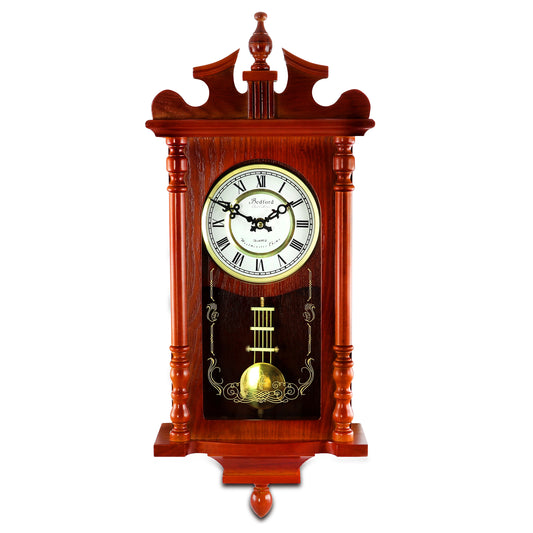 Bedford Collection 25" Wall Clock w Pendulum & Chime in Dark Redwood Oak Finish